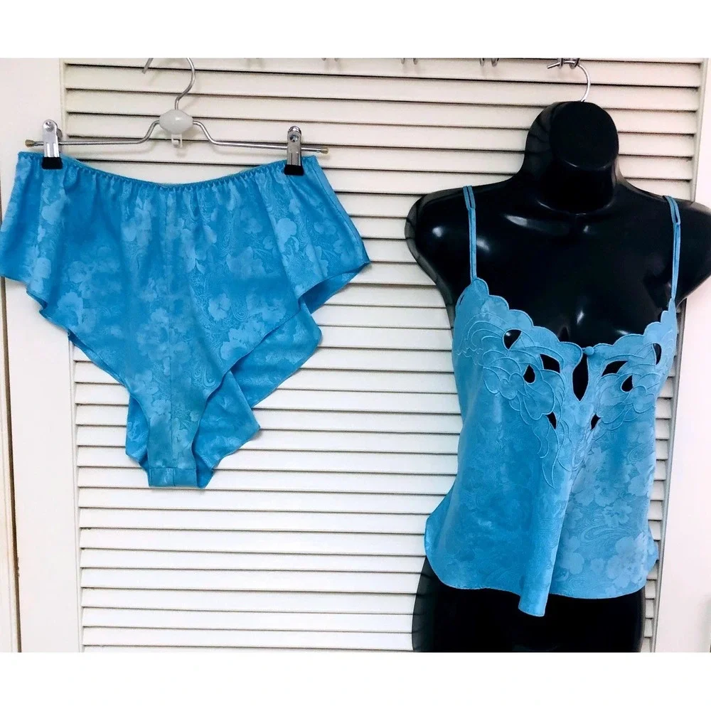 VTG Victorias Secret Cami Tank Set Gold Label Women L Blue Satin Brocade Cut Out